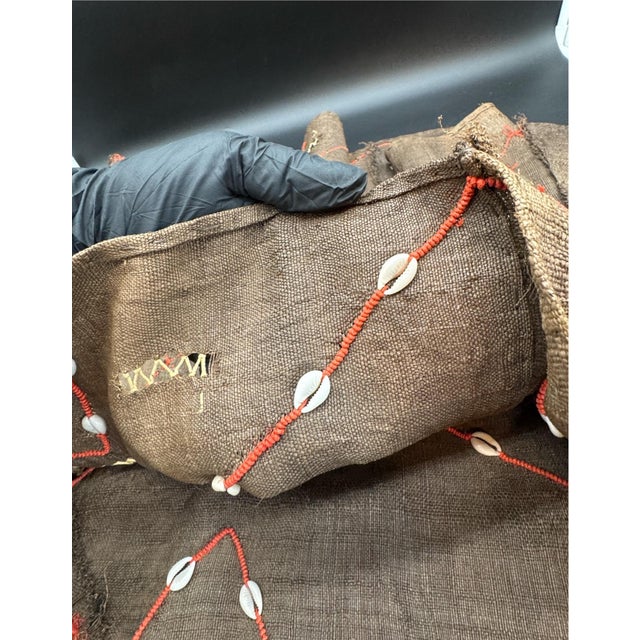 Brown Vintage African Kuba Mud Cloth With Cowrie Shells and Orange Seed Beads in a Geometric Design For Sale - Image 8 of 14