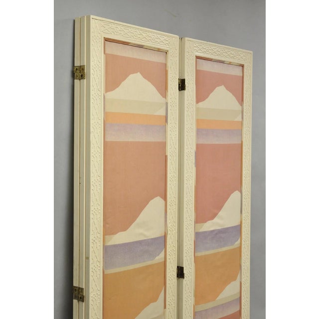Beige Vintage Oriental Fretwork Bone Lacquer Upholstered 6 Panel Room Divider Screen For Sale - Image 8 of 18