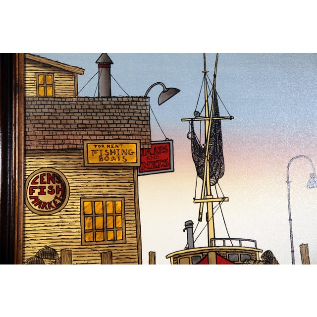 Late 20th Century H. Hargrove Signed Serigraph Harbor Fishing Boats Fish Market Framed For Sale - Image 4 of 6