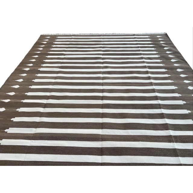Textile Handwoven Cotton Area Rug, Natural Vegetable Dyed, Brown and White Striped Dhurrie - 12'x15' For Sale - Image 7 of 10