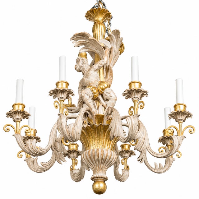 Italian Carved Solid Wood Gold Gilt Monkey Chandelier - 1970's For Sale - Image 4 of 6