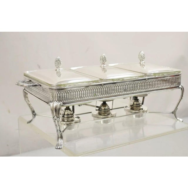 Vintage Sheffield Silver Co Silver Plated 3 Burner Warming Triple Chafing Dish For Sale - Image 12 of 12