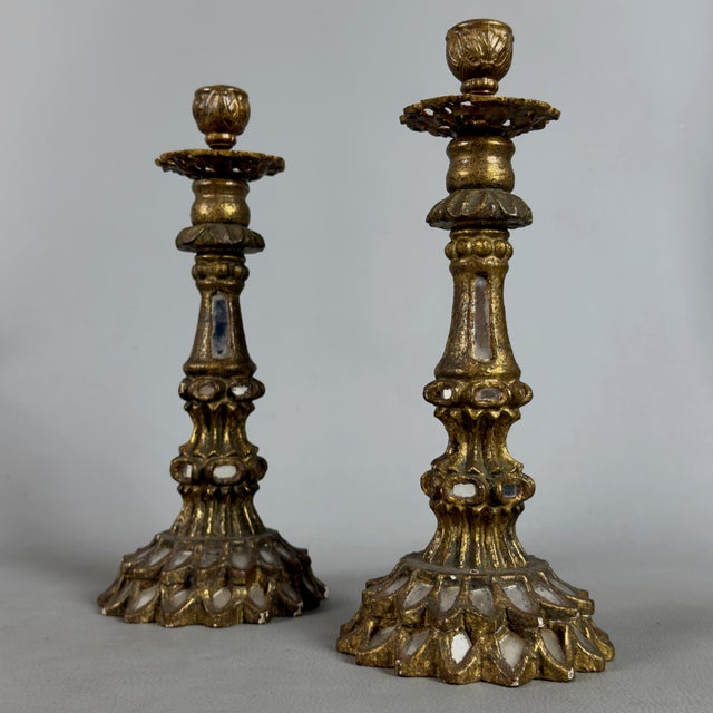 Antique Candlesticks in Gilded Wood, Brass, Mirrored Glass, Set of 2 For Sale - Image 11 of 11