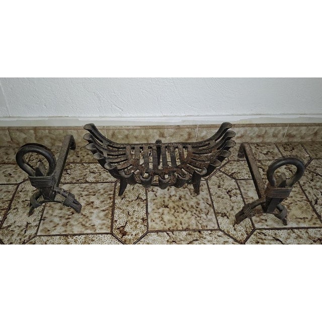 Wrought Iron Fireplace Andirons and Log Basket, Early 20th Century, Set of 3 For Sale - Image 3 of 6