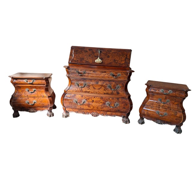 Vintage Dutch Baroque Triptych Drop-Leaf Cabinet and Inlaid Nightstands, 1920s, Set of 3 For Sale - Image 11 of 18