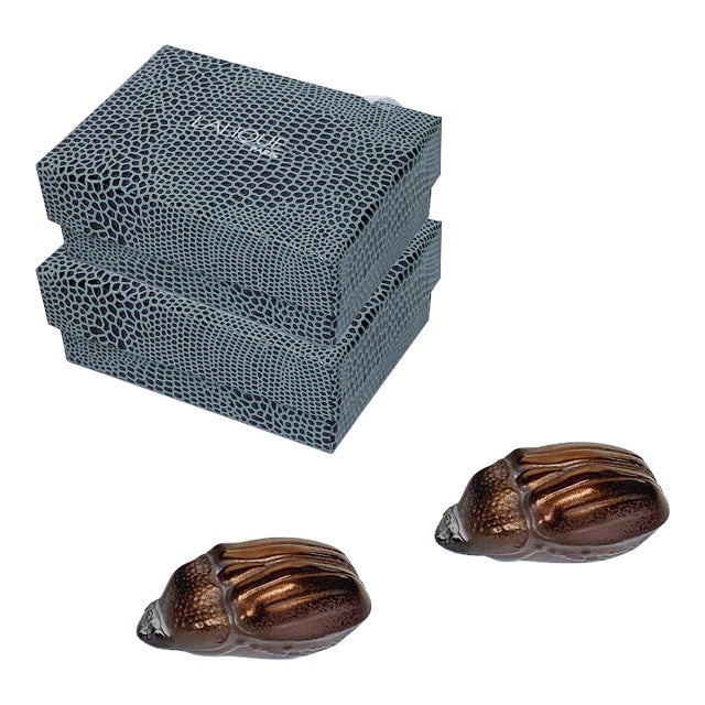 Vintage Lalique Egyptian Revival Glass Scarabs in stunning Bronze / Purple / Yellow / Green Finish in Boxes, a Pair Scarab...