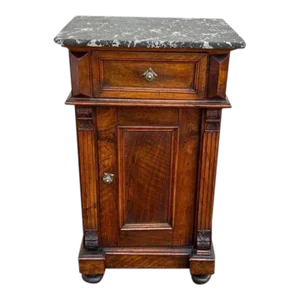 Antique 19th Century Renaissance Revival Style Solid Walnut Marble Top Side Cabinet-Bedside Table.
