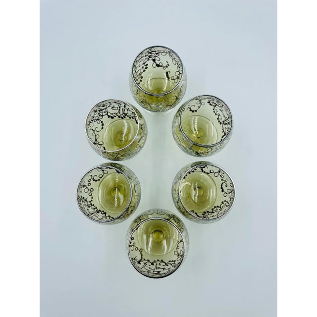 Vintage Petite Smokey Quartz-Colored Brandy/Cognac Snifters With Silver Gilded Venetian Scene -Set of 6 For Sale In Los Angeles - Image 6 of 13