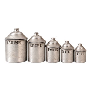 1940s French-Style Graduated Aluminum Kitchen Canister Set, 5 Pieces For Sale