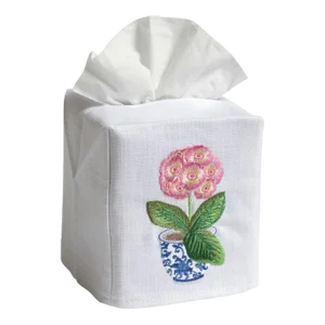 Potted Primrose (Pink) Tissue Box Cover White Linen & Cotton, Embroidered