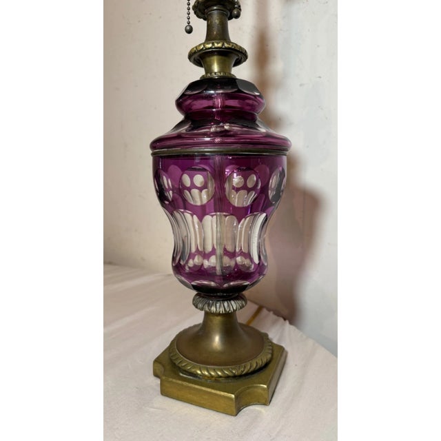 Antique Cut to Clear Bohemian Czech Purple Clear Glass Crystal Bronze Table Lamp For Sale - Image 9 of 14
