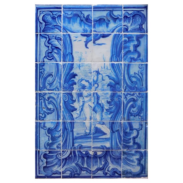 18th Century Portuguese Tiles Panel with Cupid Decor, Set of 24 For Sale