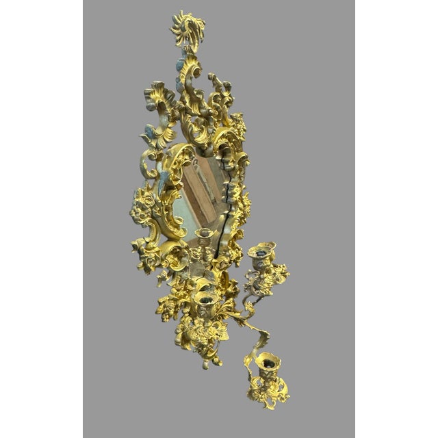 Metal Antique Rococo Revival Gilt Cast Metal Mirrored Wall Sconce Candelabra 28.5” For Sale - Image 7 of 12