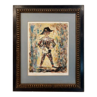 Young Harlequin Signed Artist Proof Lithograph by Berto Taubert Framed Carved Wood For Sale
