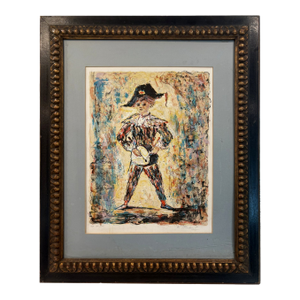 Young Harlequin Signed Artist Proof Lithograph by Berto Taubert Framed Carved Wood