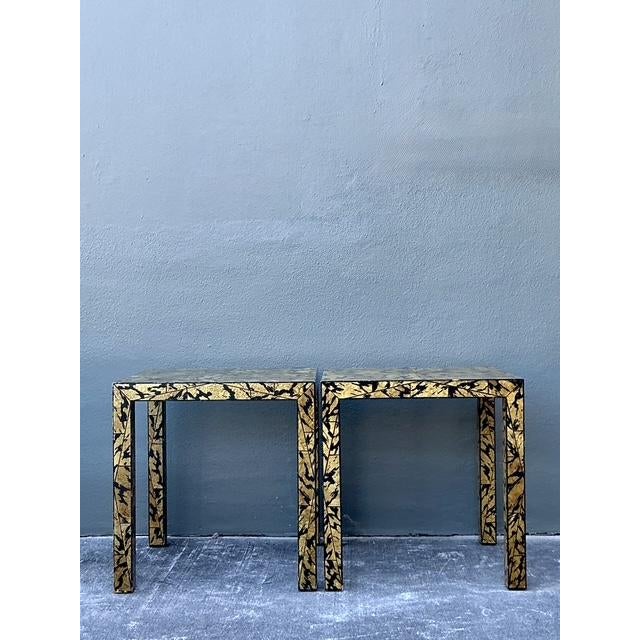These striking vintage Parsons side tables are a masterful distillation of 1970s Hollywood Regency glamour. Each table...