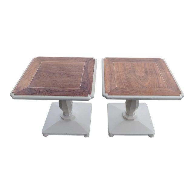1963 Hollywood Regency Walnut and White Side Tables- a Pair For Sale
