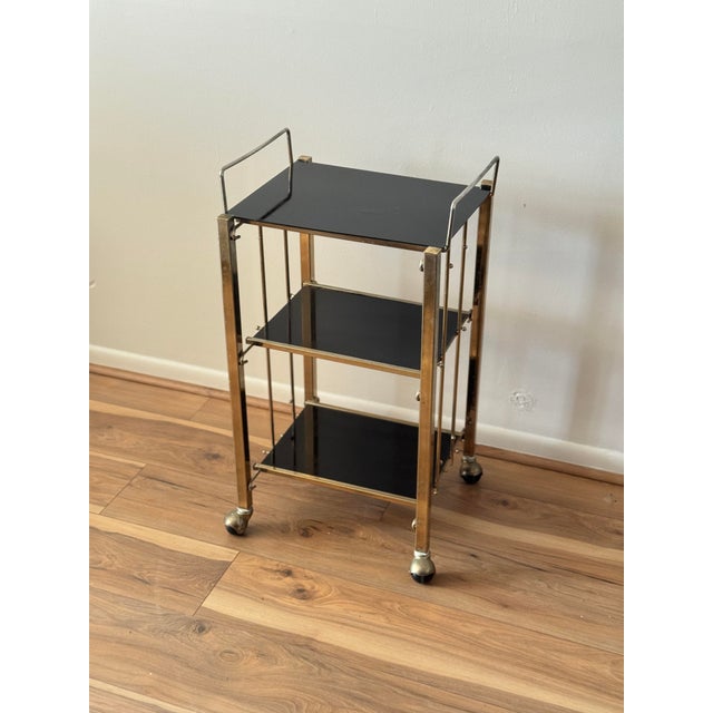 Hollywood Regency Vintage Hollywood Regency Style Gold-Tone Three-Tier Bar Cart For Sale - Image 3 of 12