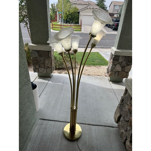 Brass Vintage 5-Light Floor Lamp Polished Brass Body Stylized Calla Lily Flower Shades For Sale - Image 8 of 12