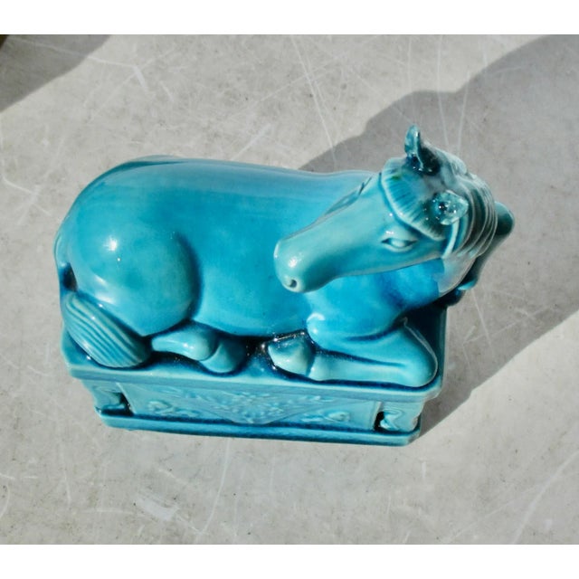 Vintage Turquoise Porcelain Horse on High Base For Sale - Image 4 of 8