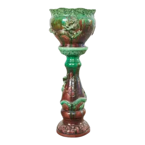 English Aesthetic Movement Pottery Japanese Dragon Jardinière on Stand