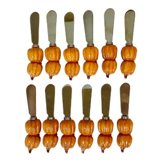 1990s Vintage Pottery Barn Thanksgiving Pumpkin Butter Knife Spreaders - Set of 12 For Sale