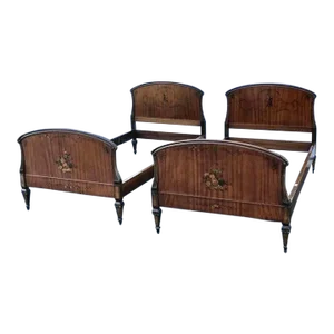 1920s Antique Hand Painted Chinese Rosewood Headboard and Footboards - Set of 2