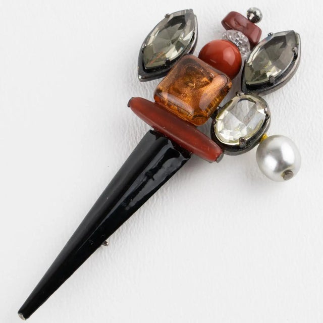 Metal Antigona Paris Black Enamel Metal Jeweled Barrette Brooch For Sale - Image 7 of 10