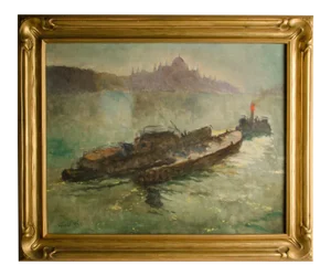 Early 20th Century "Towboat" Nautical Oil Painting by Pal Fried, Framed