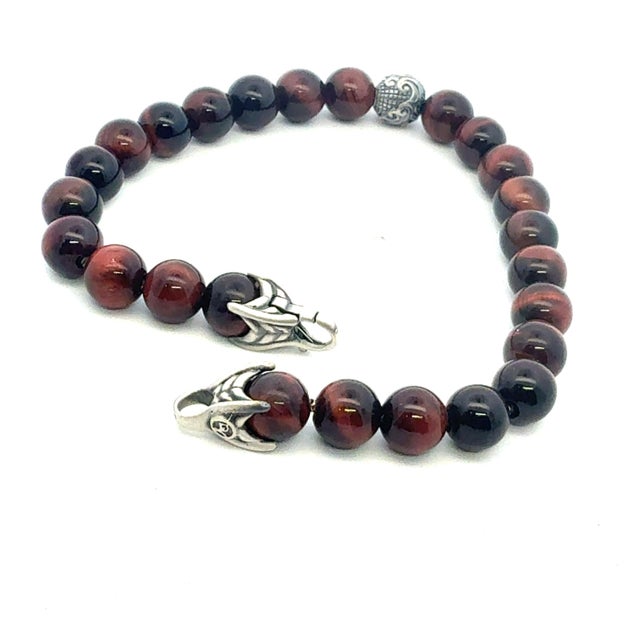 David Yurman 1990s David Yurman Tiger Eye Engraved Spiritual Ball Bracelet 9" Sterling Silver Estate For Sale - Image 4 of 4