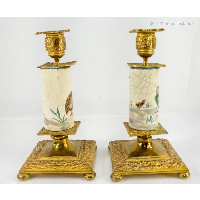 Longwy 19th Century French Longwy Porcelain Mounted Candlesticks, a Pair For Sale - Image 4 of 9