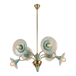 Mid-Century Modern Italian Brass and Turquoise 6-Arm Chandelier With Etched Glass Shades, 1950s For Sale