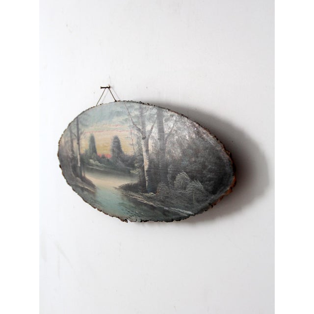 Cabin Vintage Hand Painted Landscape on Wood Slab Wall Decor For Sale - Image 3 of 11