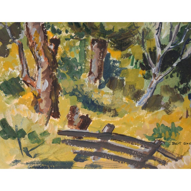 Mid Century Modern Vertical Landscape With Fence in Acrylic on Paper by Bertram Spencer For Sale In Monterey, CA - Image 6 of 9