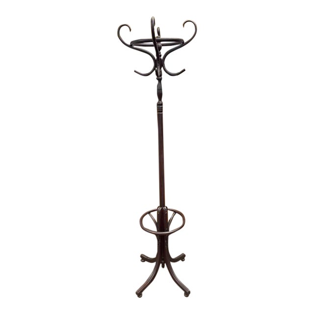 Antique Rattan Coat Hanger Stand, Dark Finish, 75" Tall For Sale