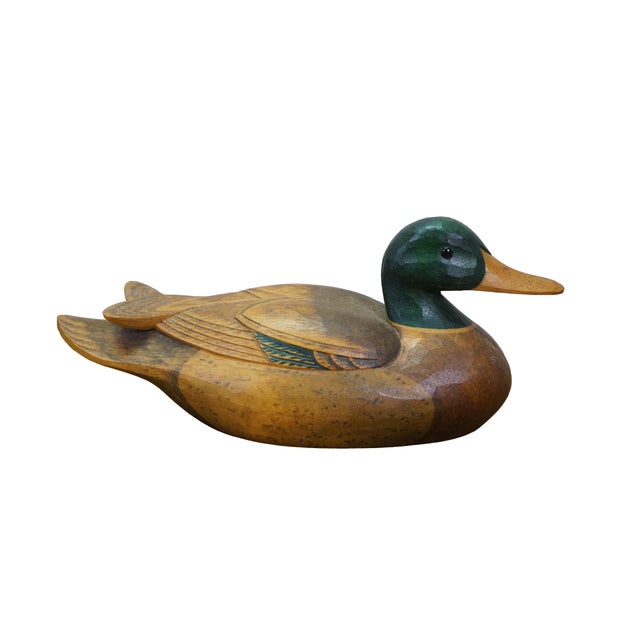 Realism Mid 20th Century Chinese Hand-Carved Wood Mallard Drake and Hen Duck Decoys Pair 10" For Sale - Image 3 of 14