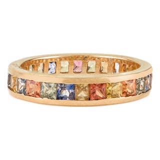 Pop Art Style Rainbow Multi Sapphire Eternity Band Ring in 14k Yellow Gold Size 6 For Sale