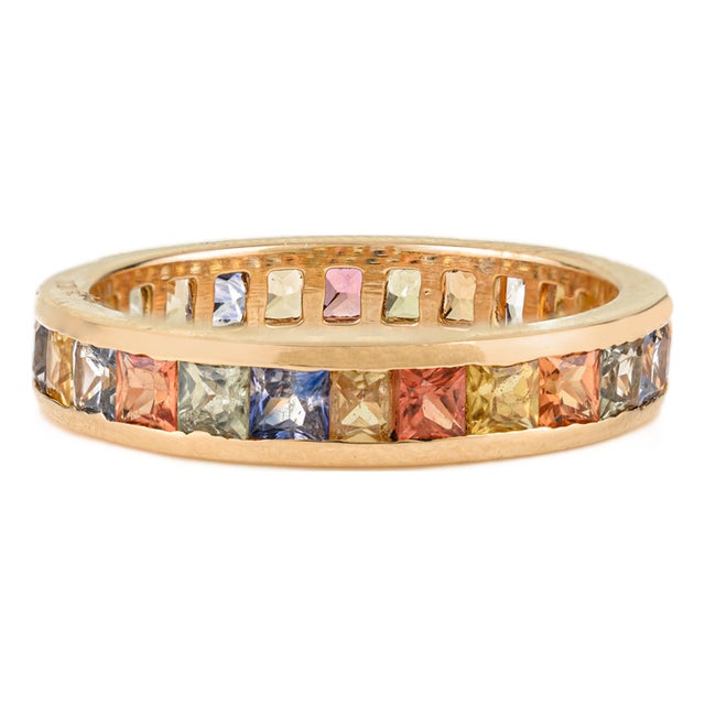Pop Art Style Rainbow Multi Sapphire Eternity Band Ring in 14k Yellow Gold Size 6 For Sale