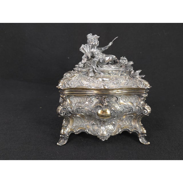 Gilded Age European Silver Rococo Jewelry Casket Topped With Angel Admiring Herself For Sale - Image 15 of 15