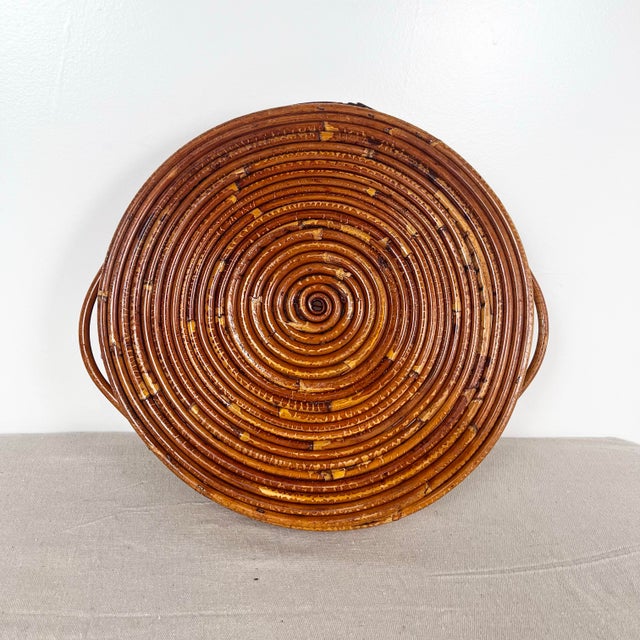 Wood Vintage Pencil Reed Rattan Round Tray For Sale - Image 7 of 7