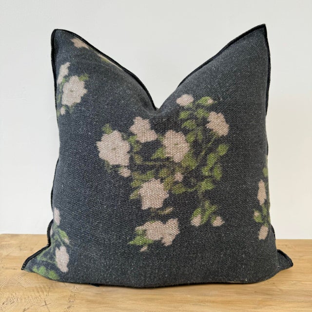 Linen blend accent pillow. Color: Crème A beige floral/ light grey colored nubby textured style pillow with a stitched...