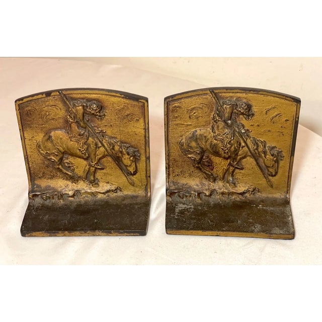Pair of Antique Gold Gilded Iron Indian on Horse Equestrian Ride Home Bookends For Sale In New York - Image 6 of 9
