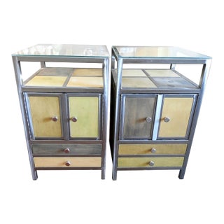 Pair of Venezia Furniture Industrial Modern Steel & Stained Wood Nightstands / End Tables With Glass Tops For Sale