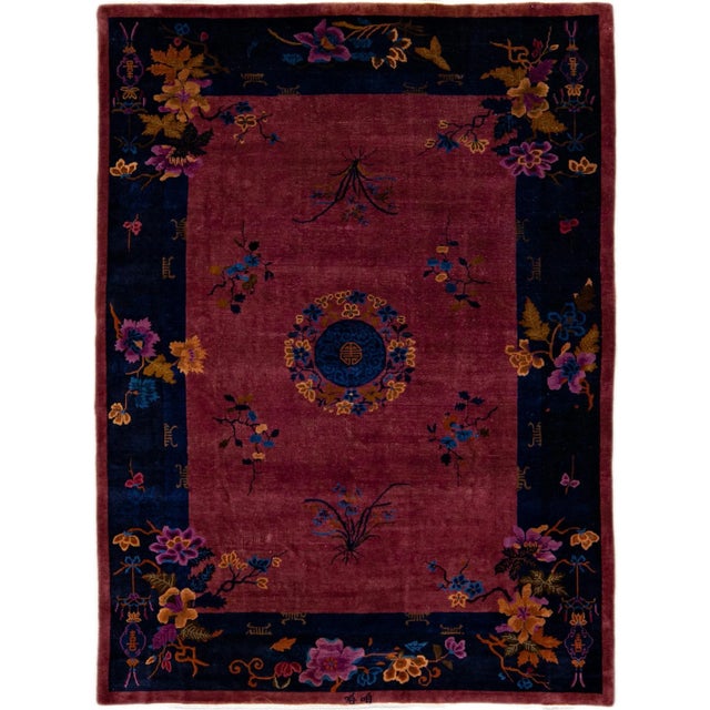 Burgundy Antique Art Deco Handmade Chinese Floral Motif Wool Rug For Sale - Image 10 of 10
