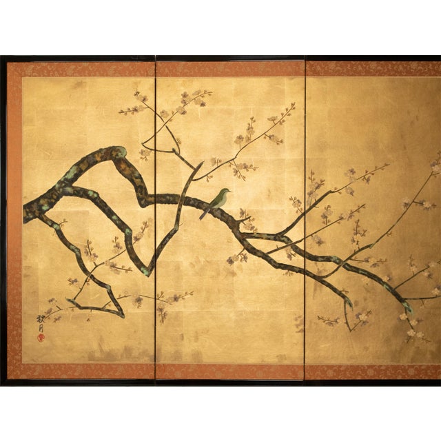 Japanese "Mejiro and Sakura", 1970s Showa Era Japanese Byobu Screen For Sale - Image 3 of 18