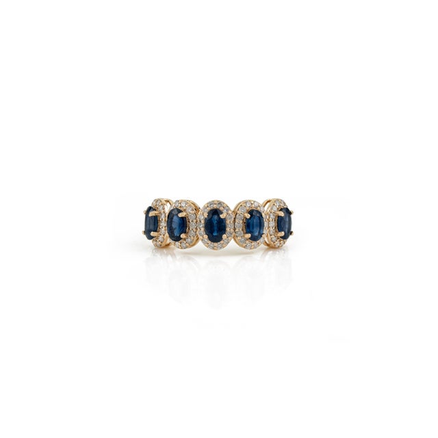 Modern Deep Blue Sapphire & Diamond Halo Half Eternity Ring Size 9 in 14k Gold For Sale - Image 4 of 15