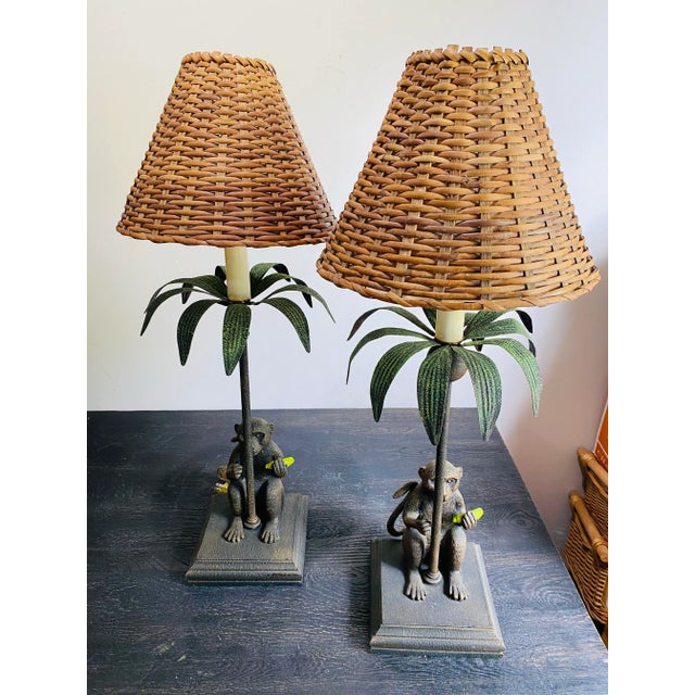 Chinoiserie Vintage Italian Monkey Lamps With Tole Palm Trees & Wicker Shades - A Pair For Sale - Image 3 of 10