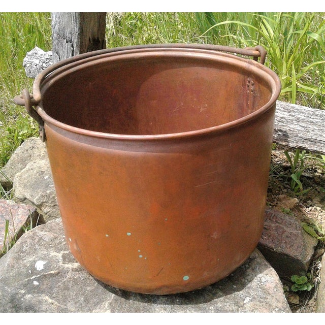 Antique Primitive Copper Kettle or Bucket W Steel Bail Handle For Sale - Image 9 of 12