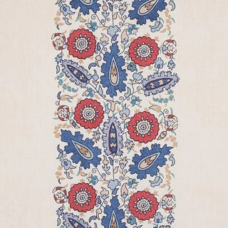 Schumacher Anatolia Embroidery Fabric in Blue & Red For Sale