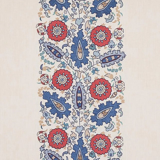 Schumacher Anatolia Embroidery Fabric in Blue & Red For Sale
